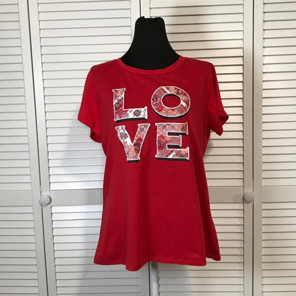Bobbie Brooks Red Floral LOVE Short Sleeve Graphic T-shirt Women L